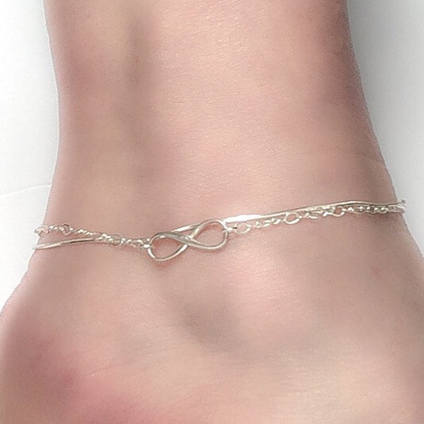 Anklet sterling silver for women, layered infinity chain ankle bracelet, handmade jewelry gift for her, vacation jewelry