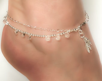 Pulsera de tobillo de plata de ley, tobillera de doble cadena y cuentas, joyería artesanal para vacaciones para mujer.