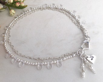 Tobillera de plata de ley con dije de corazón e inicial, pulsera de tobillo doble en capas, regalo para mamá, joyería hecha a mano