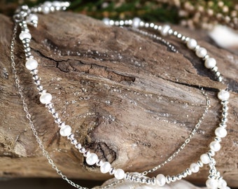 Elegante tobillera de perla y plata esterlina: joyería bohemia de doble capa para bodas en la playa, regalo para ella