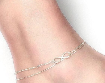 Pulsera de tobillo para mujer con dije de infinito en plata esterlina, tobillera de verano hecha a mano en plata en capas, joyería de vacaciones
