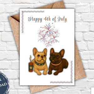Tarjeta de felicitación digital imprimible / Tarjeta de bulldog francés del 4 de julio / Tarjeta de felicitación de descarga digital / Tarjeta de bulldog francés lindo / 4 de julio