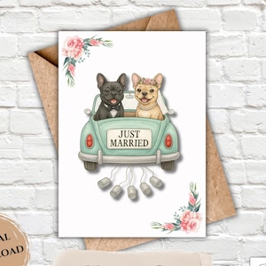 Druckbare digitale Grußkarte | Gerade verheiratet Französische Bulldogge Karte | Digital Download Grußkarte | Niedliche Frenchie Karte | Hochzeitskarte