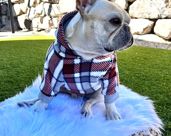 Französische Bulldogge, Französische Bulldogge Kleidung, Französische Bulldogge Hoodie, Auburn kariert, kariert, Hunde Hoodie, Hundebekleidung, Hundebekleidung, Haustierkleidung
