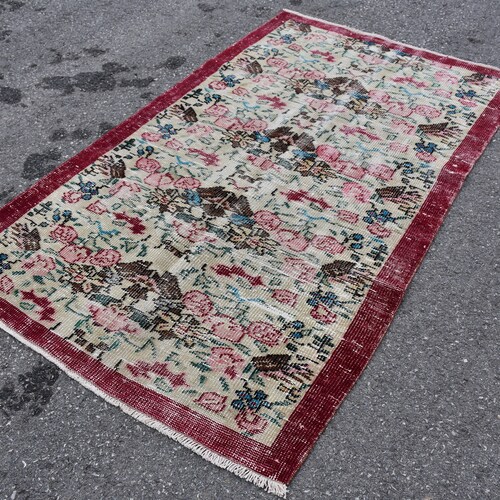 Red area rug, Vintage rug, Turkish rug, Floral rug, house decor 3.5 shops x 6.2 Ft Rustic rug, Area rug, Handmade wool rug, Kitchen rug, DC6525