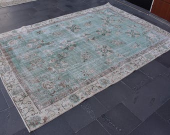 Alfombra grande de color verde, Alfombra de lana rara anudada a mano, Alfombra turca vintage, Envío gratis, Alfombra Oushak de 6,6 x 9,3 pies, Alfombra oriental DC11303