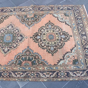 May include: A vintage rug with a peach background and intricate floral patterns in shades of blue, green, and black. The rug has a dark brown border with a repeating pattern.