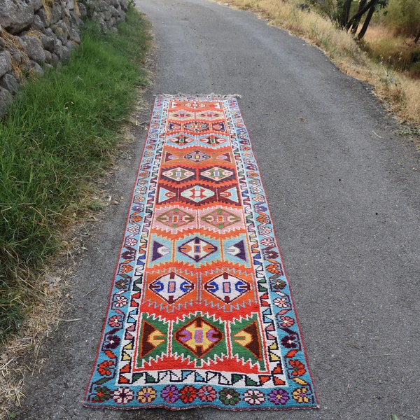 Vintage Aztec Runner Rug Free Shipping 2.8x12.7 ft Pastel Color Turkish Runner Rug Bohemian Runner Rug Turkish Runner Rug DC2089