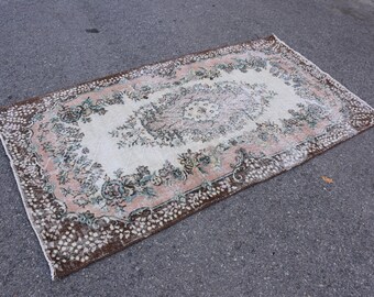 Vintage rug, Handmade rug, Wool rug, Boho rug, 3.9 x 7.1 feet Turkish rug, Rustic rug, Kitchen rug, Oushak rug, Brown rug, DCS1692