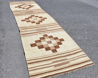 Kilim runner rug, Beige and brown rug, Turkish vintage kilim rug, Handmade wool rug, Hallway rug, Entryway kilim rug, 3.7 x 13.3 ft DC8269