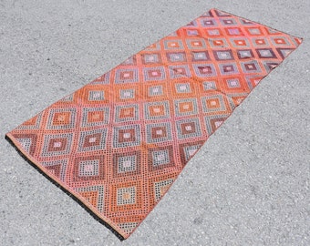 Runner kilim rug, Home decor,  Turkish kilim, Vintage rug, Bohemian rug, Orange kilim, Wool Kilim rug, Decorative rug, 2.8 x 7.5 Ft DC8213
