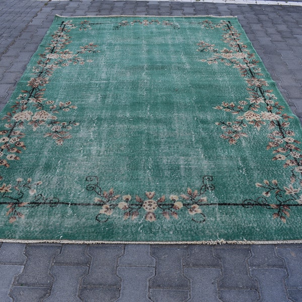 turkish vintage rug wool rug FREE SHIPPING oversize rug 6.7 x 10.0 ft large rug anatolian rug decorative rug green rug home decor rug DC5361