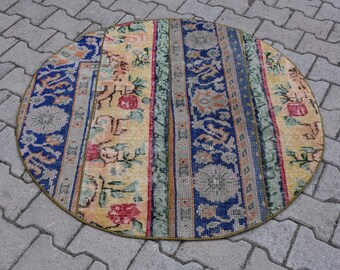 Patchwork rug, Turkish rug, Boho rug, Wool rug, Doormat, Bohemian rug, Vintage rug 3.9 x 3.9  ft Round rug, Small rug, Handmade rug, DC7532