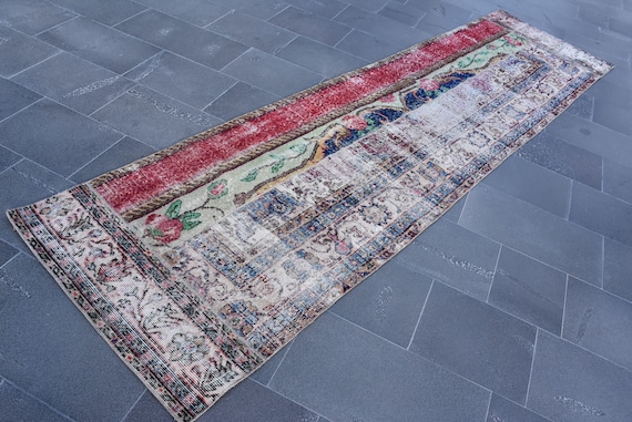 Vintage patchwork design rug, Handmade rug, Turkish boho rug, Runner rug, Hallway rug, Entryway rug, Kitchen decor, 2.8  x 10.9 ft DCS0170