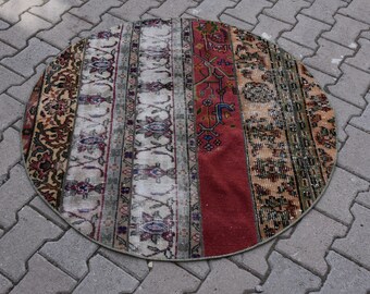 Circle rug, Turkish rug, Boho rug, Vintage rug 3.8 x 3.8  ft Round rug, Small rug, Handmade rug, Wool rug, doormat rug, Bohemian rug, DC7527