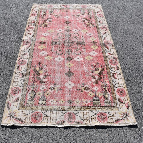 Red area rug, Oriental rug, Turkish vintage handmade rug, Bohemian rug, Kitchen shops decor, Bedroom rug, Area Rug, 3.6 x 7 feet DC8956