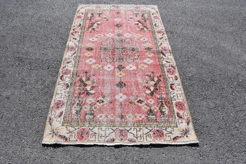 Red area rug, Oriental rug, Turkish vintage handmade rug, Bohemian rug, Kitchen shops decor, Bedroom rug, Area Rug, 3.6 x 7 feet DC8956