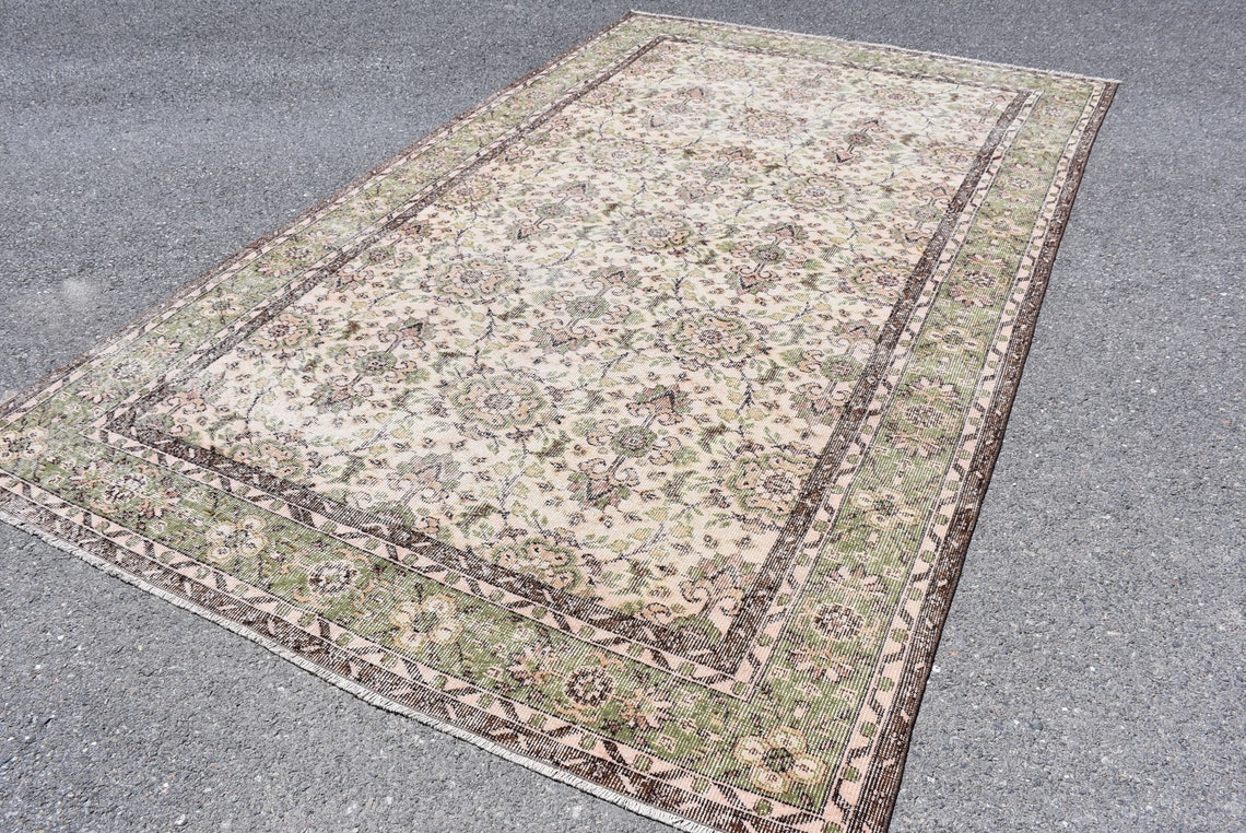 Beige and green rug Turkish runner rug Oriental rug 6.5 x Etsy