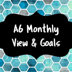 May include: A black label with white text on a blue and gray honeycomb pattern background. The text reads "A6 Monthly View & Goals".