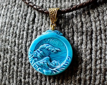 Wave Tribe, People of the Water - Hand-Painted Blue Resin Pendant Inspired by 'The Great Wave off Kanagawa', Sea God's Avatar Charm,