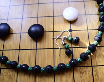 Ethereal Strength, Matte Onyx & Malachite Necklace Set, Elevate your power with grace and gemstone energy, Includes matching earrings