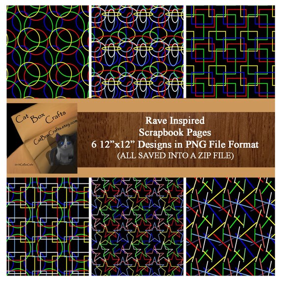 Rave Rave Inspired Scrapbook Paper Origami Paper Papercraft Digital Scrapbooking Stars Circles Rectangles Glowsticks Techno Neon