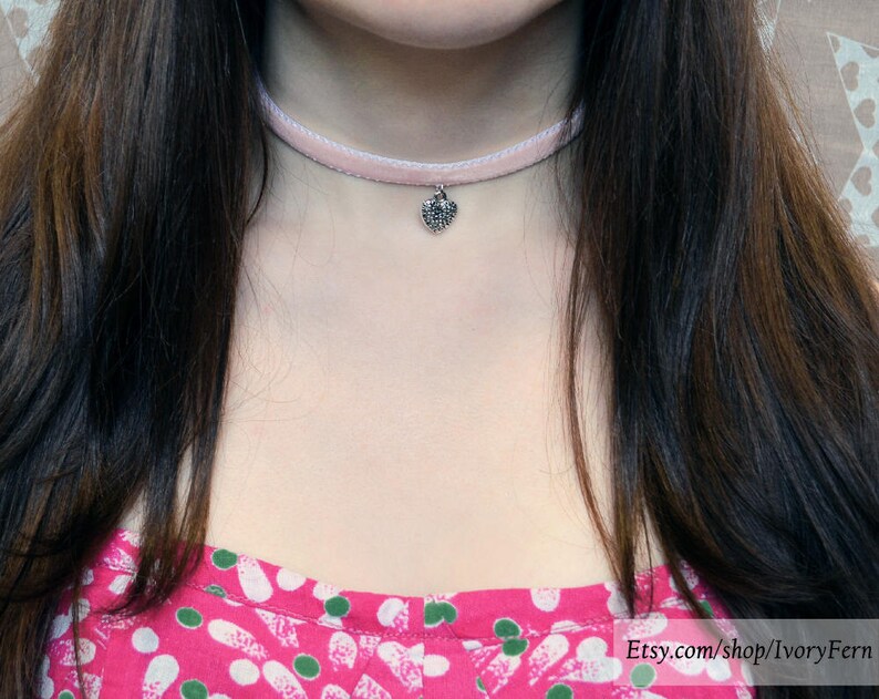 nymphet choker heart necklace heart choker velvet necklace Pink velvet choker silver choker collar lolita choker pink necklace
