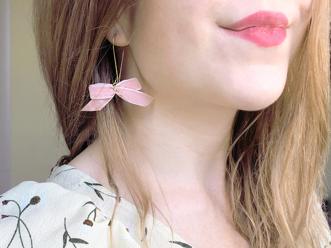 Pink earrings bows earrings light pink earrings velvet Etsy