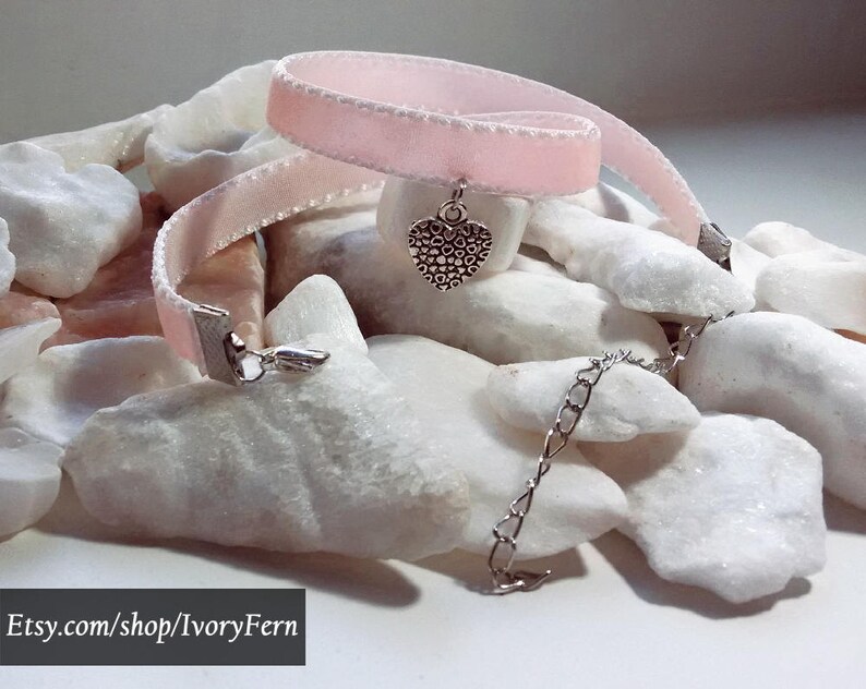 nymphet choker heart necklace heart choker velvet necklace Pink velvet choker silver choker collar lolita choker pink necklace