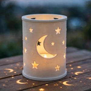 Moon and Stars Tea Light Lantern, 3D Printed Celestial Candle Holder with LED Tealight Included, Cozy Night Light, Gift for Her