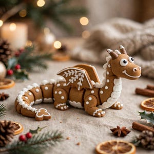 May include: A gingerbread dragon cookie decorated with white icing details, including dots, lines, and a snowflake pattern on its wings. The cookie features a long, segmented tail, a curved neck, and two small horns, with white icing eyes.