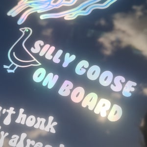Puede incluir: Pegatina holográfica con el texto "SILLY GOOSE ON BOARD" y una ilustración de un ganso de dibujos animados. El texto adicional dice "Please don't honk, probably already crying." La pegatina tiene un acabado iridiscente reflectante, con un fondo de cielo.