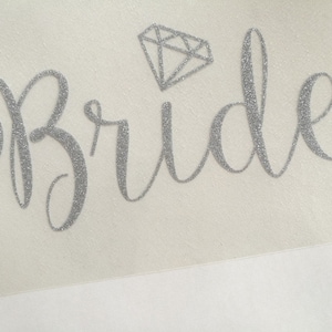 bride iron on, glitter bride heat transfer decal, gold or silver color, sparkly bride t-shirt diy designs, bride and engagement ring design
