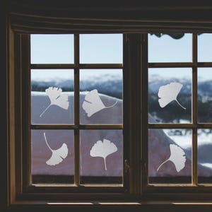 Könnte beinhalten: Ein Fenster mit Blick auf eine verschneite Landschaft. Das Fenster ist mit weißen Ginkgoblatt-Ausschnitten verziert.
