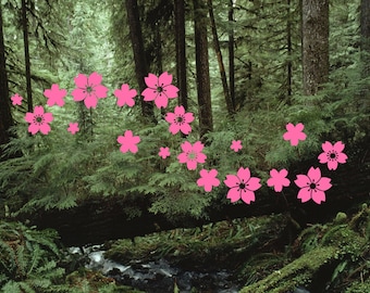 May include: A lush green forest with a fallen log covered in moss. Pink cherry blossoms are scattered throughout the image, creating a whimsical and romantic atmosphere.