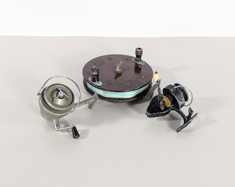 Set of Three Antique Vintage Metal & Bakelite Fishing Reels, Made In England