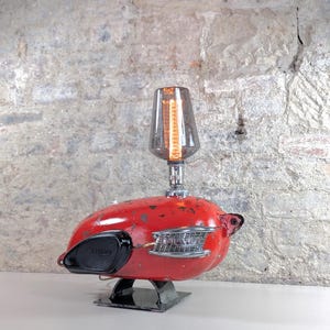 British Triumph Tiger Motorcycle Tank, 1950&#39;s, Upcycled Into Statement Table Lighting