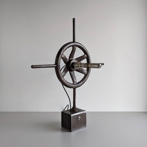 Vintage Industrial Ship's Wheel Gate Valve Upcycled Into Accent Table Lamp
