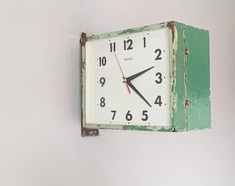Vintage Retro Double Sided Green Seiko Wall Mounted Clock, 1970's