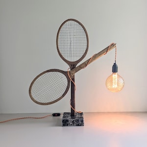 Vintage Upcycled Tennis Racket Table Accent Lamp - Handmade Statement Light