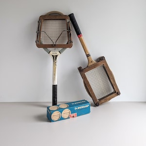 Set of Vintage Wooden Tennis Rackets With Wooden Frame Protector And Tennis Balls