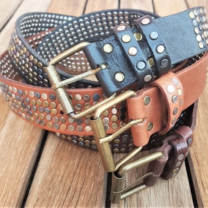 Belt, Chrome and Brass Studded Leather Belt, Brass Buckle, Handmade, Rock &#39;n&#39; Roll, Hardcore