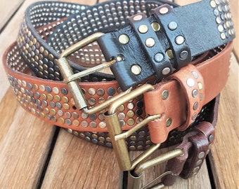 Studded Belt, Leather Belt, Brass Buckle, Handmade