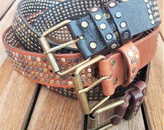 "Gürtel - Handgefertigtes, luxuriöses ""Double Nieten""-Leder mit massiver Messingschnalle ... Rock n Roll!!"