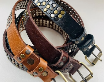 Leder Gürtel, Chrom und Messing Metall Nieten, Vintage Biker Style, Rock 'n' Roll ...!!