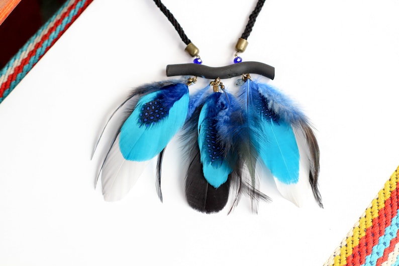 Real feather necklace bohemian necklace blue white black feathers festival tribal necklace bohemian jewelry statement feathers necklace