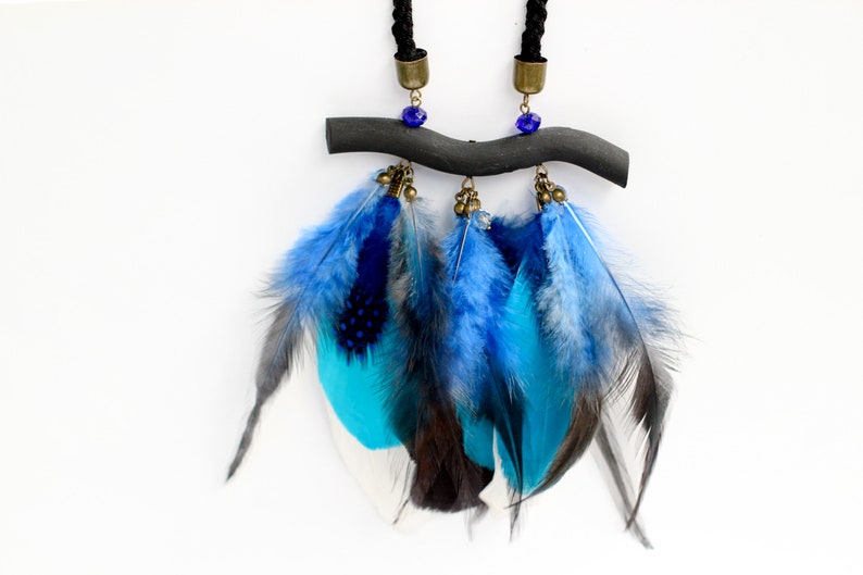 Real feather necklace bohemian necklace blue white black feathers festival tribal necklace bohemian jewelry statement feathers necklace