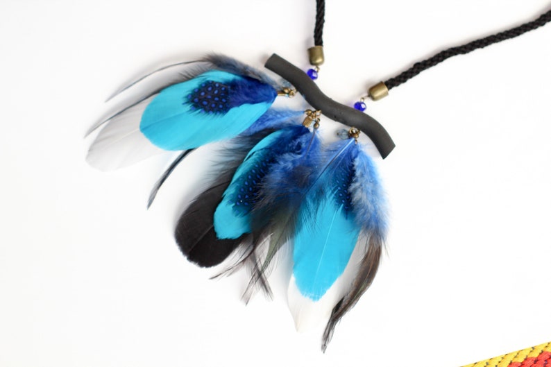 Real feather necklace bohemian necklace blue white black feathers festival tribal necklace bohemian jewelry statement feathers necklace