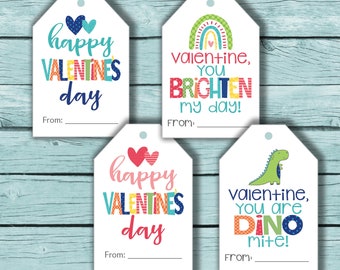 Valentines Day Printable Tags, Kids Candy Tags, Instant Download, Printables, Dinosaur tags, Heart Tags, Rainbow Tags, Set of 4 Designs