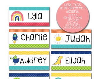 Editable Desk Name Labels, Name Plates, Instant Downloads, Bright Colors, Rainbows, Dinos, Birds, Rockets, Teacher Classroom Printables Tags